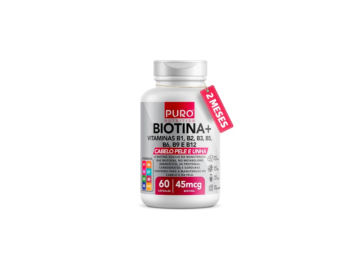 Revisão Biotina + Puro Nutrition Pele, Cabelo e Unhas, 45 mcg de Biotina por dose, Vitaminas B1, B2, B3, B5, B6, B9 e B12, 60 Cápsulas: um complexo B excelente para derme e unhas, mas limitado para os fios