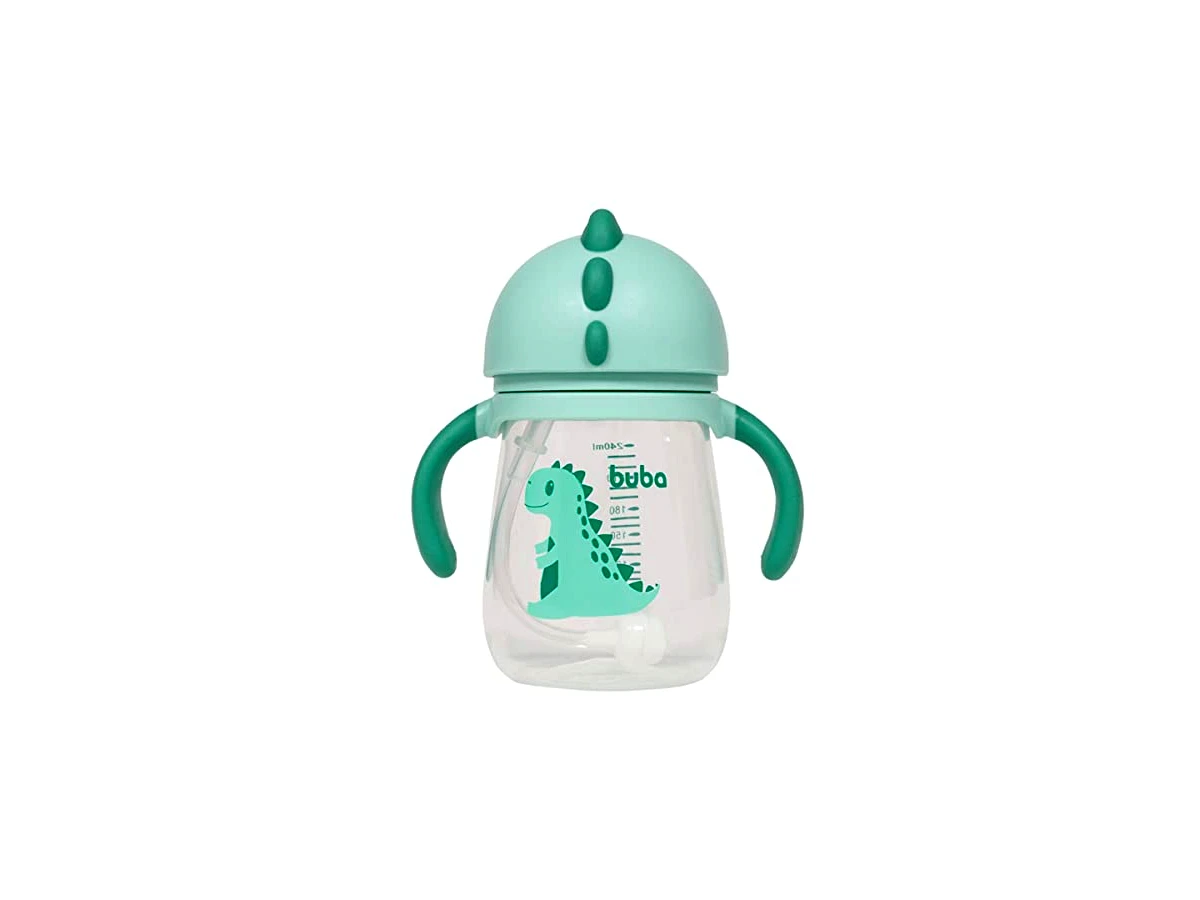 Copo de Transição Dino com Canudo em Silicone, Válvula Antivazamento e Alças Removíveis 240ml Buba 11826