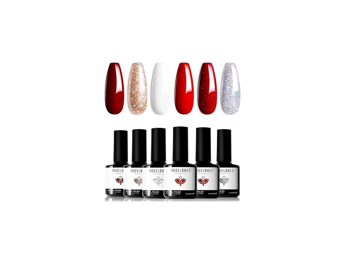 Revisão modelones Red Gel Nail Polish Set 6 Colors, White Glitter Sparkle Bright Burgundy Dark Rose Champagne Silver Candy Cane Nail Polish Kit: efeitos cat eye e térmicos para quem já possui cabine UV/LED.