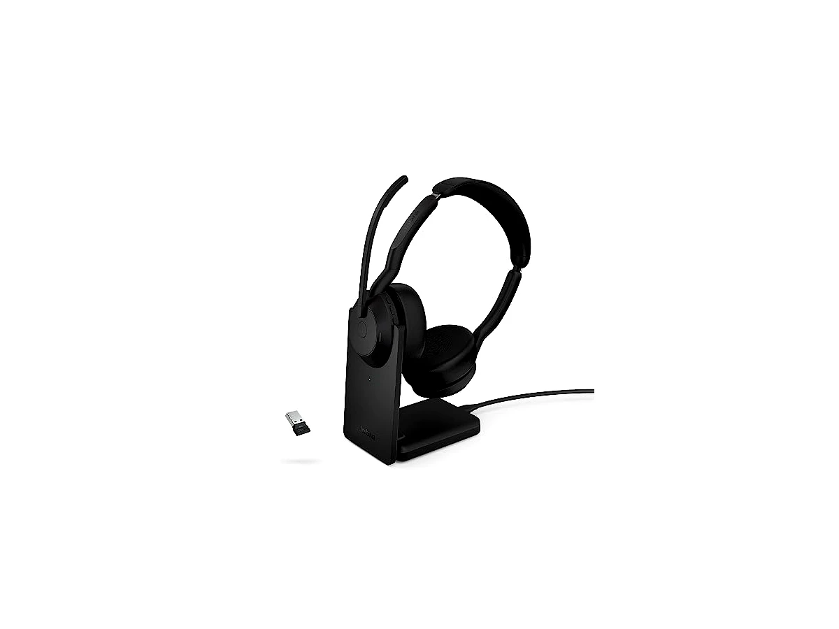 Revisão Jabra Fone de ouvido estéreo sem fio Evolve2 55 – Suporte de carregamento, tecnologia AirComfort, microfones com cancelamento de ruído e cancelamento ativo de ruído – Funciona com plataformas UC como: a melhor escolha para conforto prolongado
