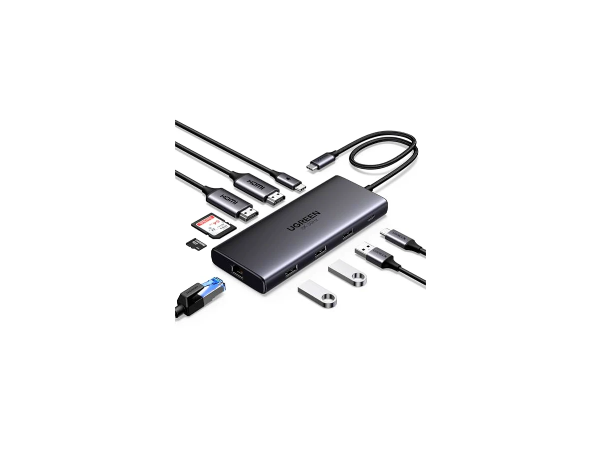Revisão Hub USB C UGREEN Revodok Pro 210, 10 em 1, 2 HDMI 4K 60Hz, Ethernet 1000Mbps, PD 100W, 3 USB-A, USB-C 3.0, Leitor SD/TF: excelente para expansão de vídeo no Windows, mas limitado em dados.