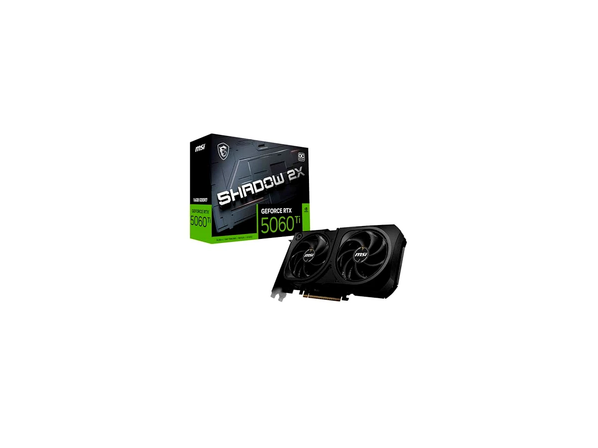 Revisão MSI Placa gráfica GeForce RTX 5060 Ti 16G SHADOW 2X OC PLUS - GPU RTX 5060 Ti, 16GB GDDR7 (28Gbps/128-bit), PCIe 5.0 - Design térmico de ventilador duplo (2 x ventoinhas STORMFORCE) - HDMI 2.1b: muita memória gráfica em um formato amigável