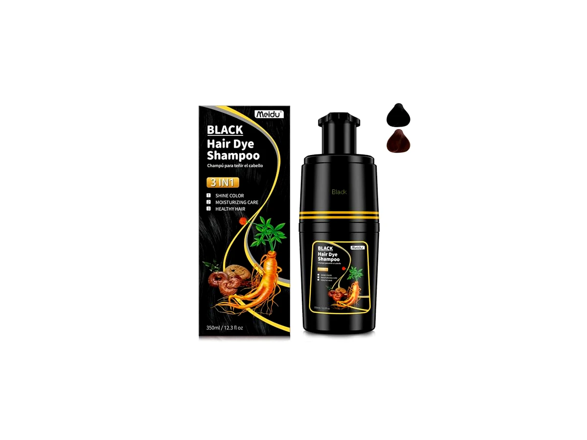 Revisão IIIMEIDU Xampu Tintura 3 em 1 Preto 350ml: volume generoso e base herbal para escurecer fios em casa