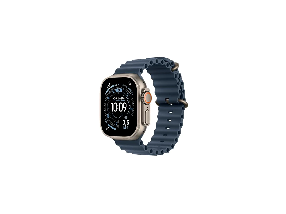 Apple Watch Ultra 3 GPS + Cellular, Caixa em titânio natural de 49 mm com Bracelete Ocean azul‑âncora